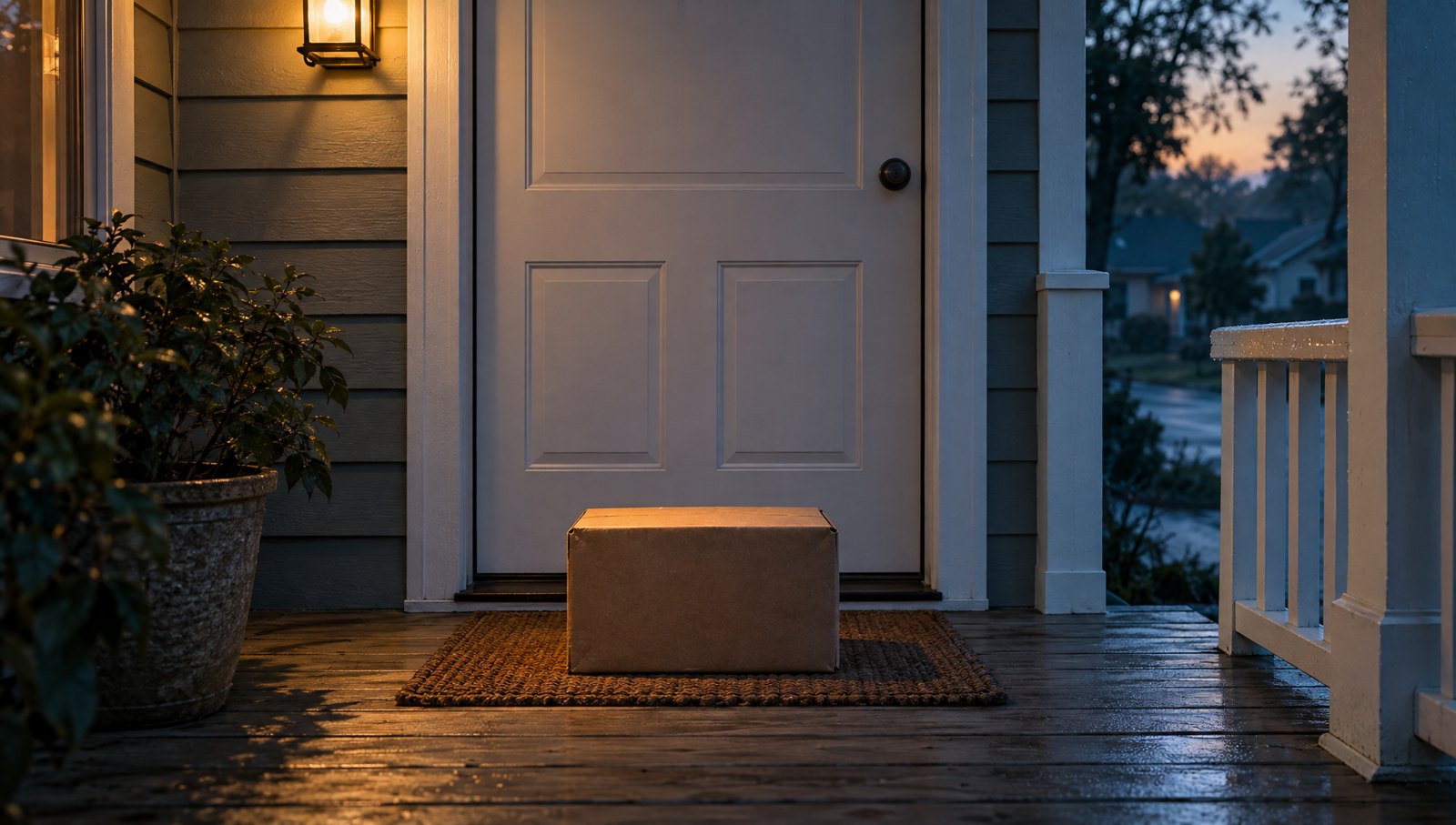 A front porch at dawn, a plain parcel on the mat under the porch light