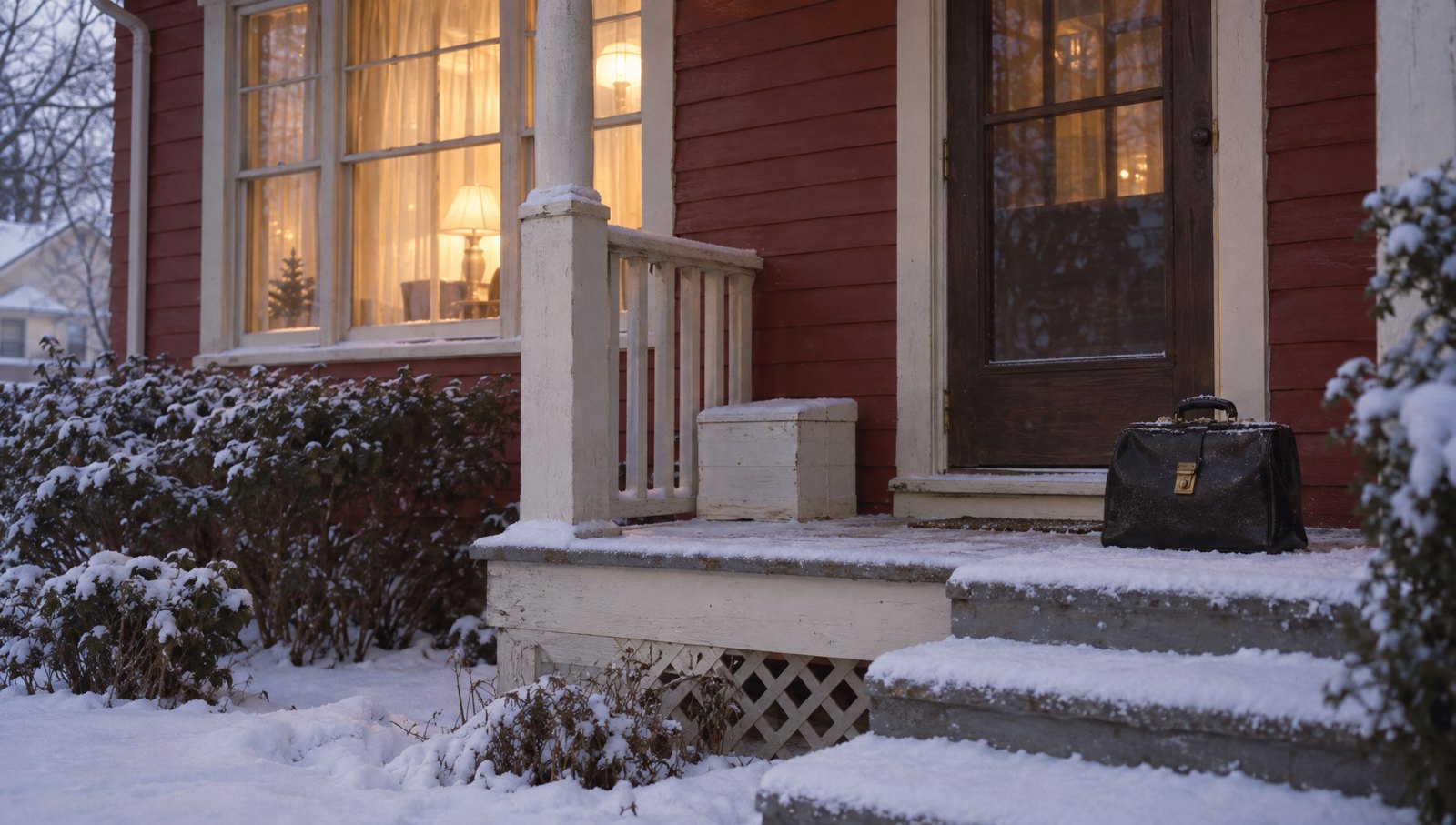 A 1958 porch in snow with a doctor's bag