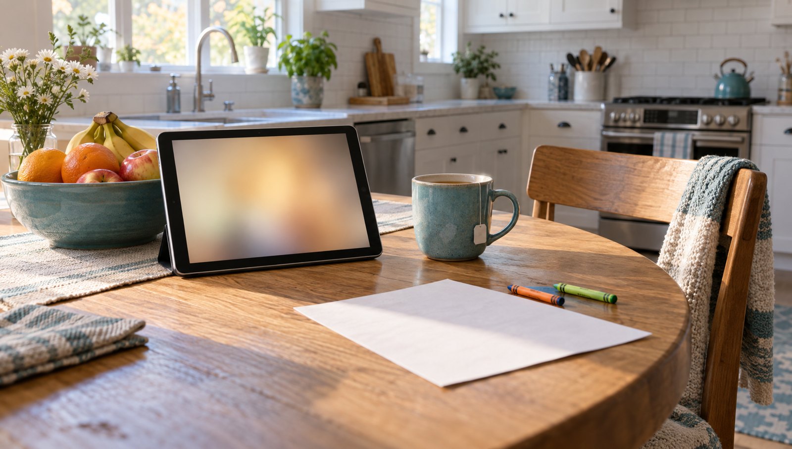A kitchen table with a softly glowing tablet