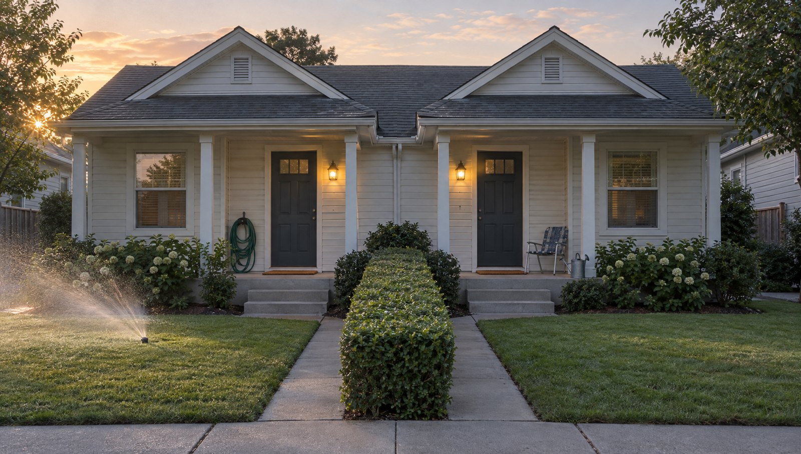 Two symmetrical suburban porches at seven in the morning